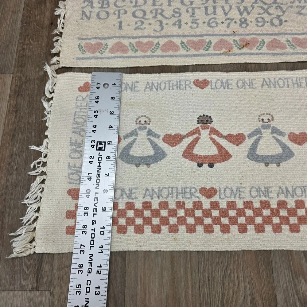 Vintage‎ Country Folk Art Woven Placemats Set 4 Saltbox House Heart Sampler Blue